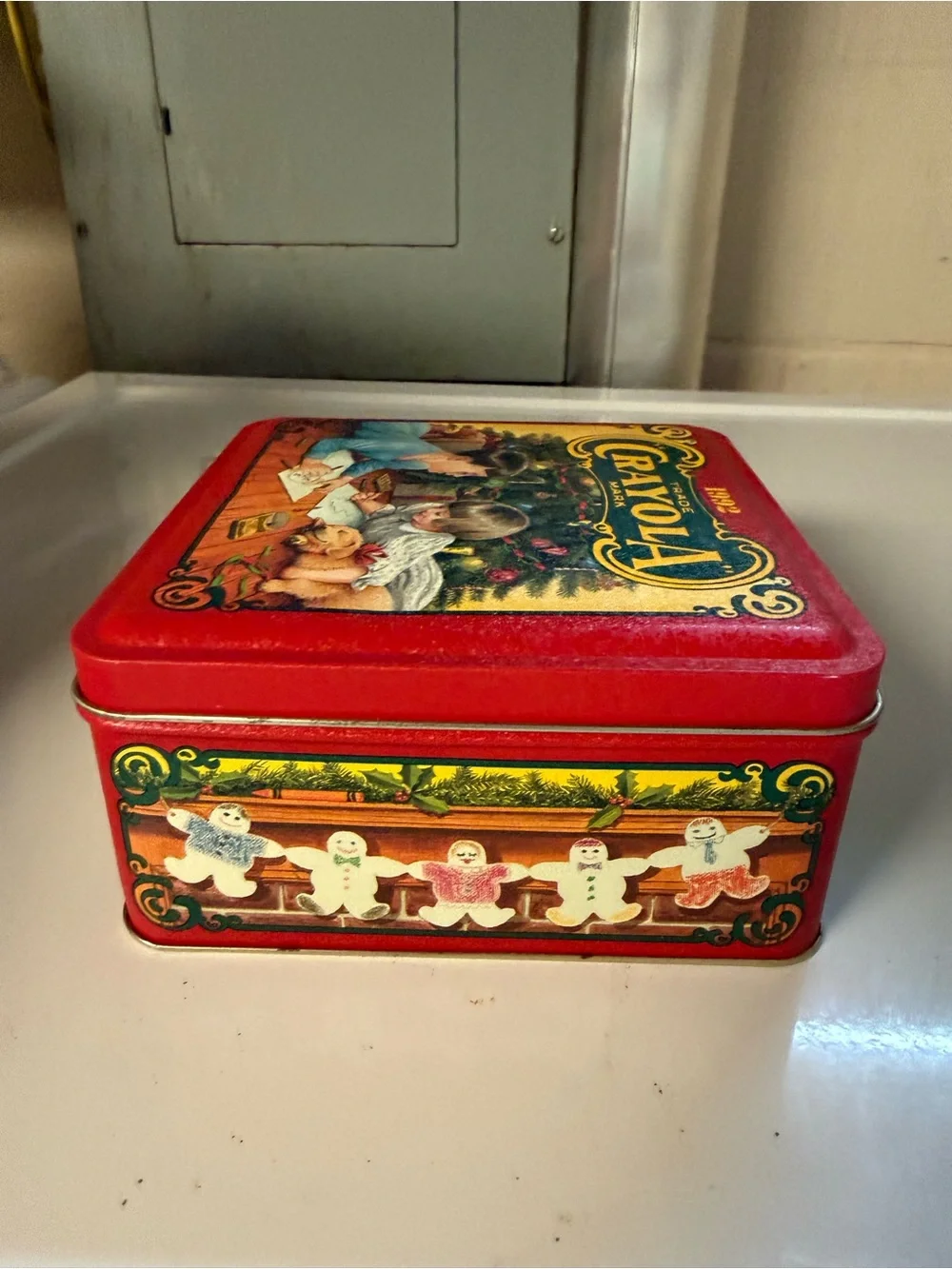 1992 Vintage Crayola Red Holiday Tin with Unopened Crayons & Ornament